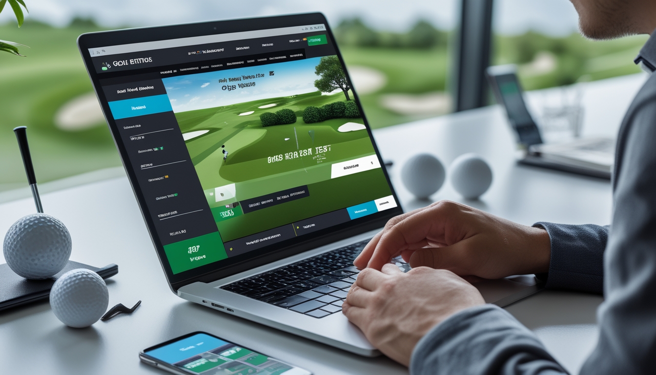 Seorang pria menggunakan laptop di meja dengan bola golf dan stik golf di dekatnya, latar belakang menunjukkan lapangan golf hijau.