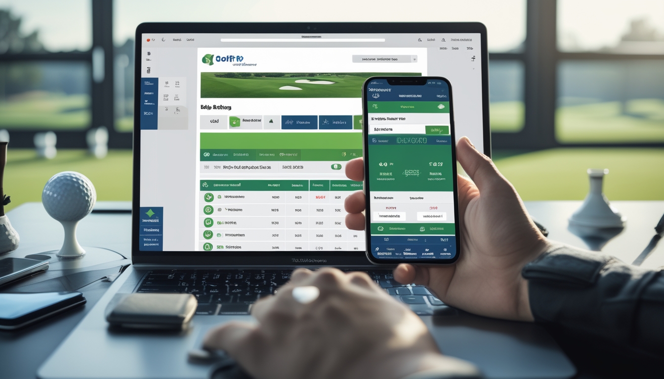 Seorang pria duduk di meja kerja dengan laptop dan ponsel yang menampilkan aplikasi taruhan golf online, di dekatnya terdapat bola golf dan sarung tangan golf, dengan lapangan golf terlihat melalui jendela besar.