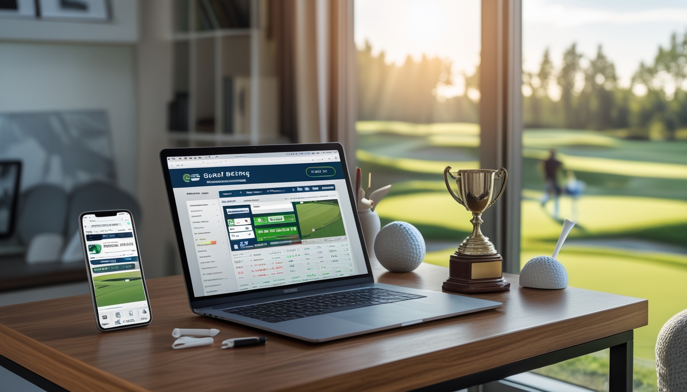 Sebuah meja kerja dengan laptop dan ponsel yang menampilkan situs taruhan golf online, dengan latar belakang lapangan golf dan beberapa pemain golf.