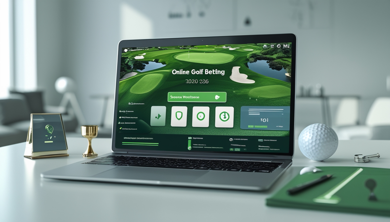 Meja kerja modern dengan laptop yang menampilkan lapangan golf dan perlengkapan golf di sekitarnya.