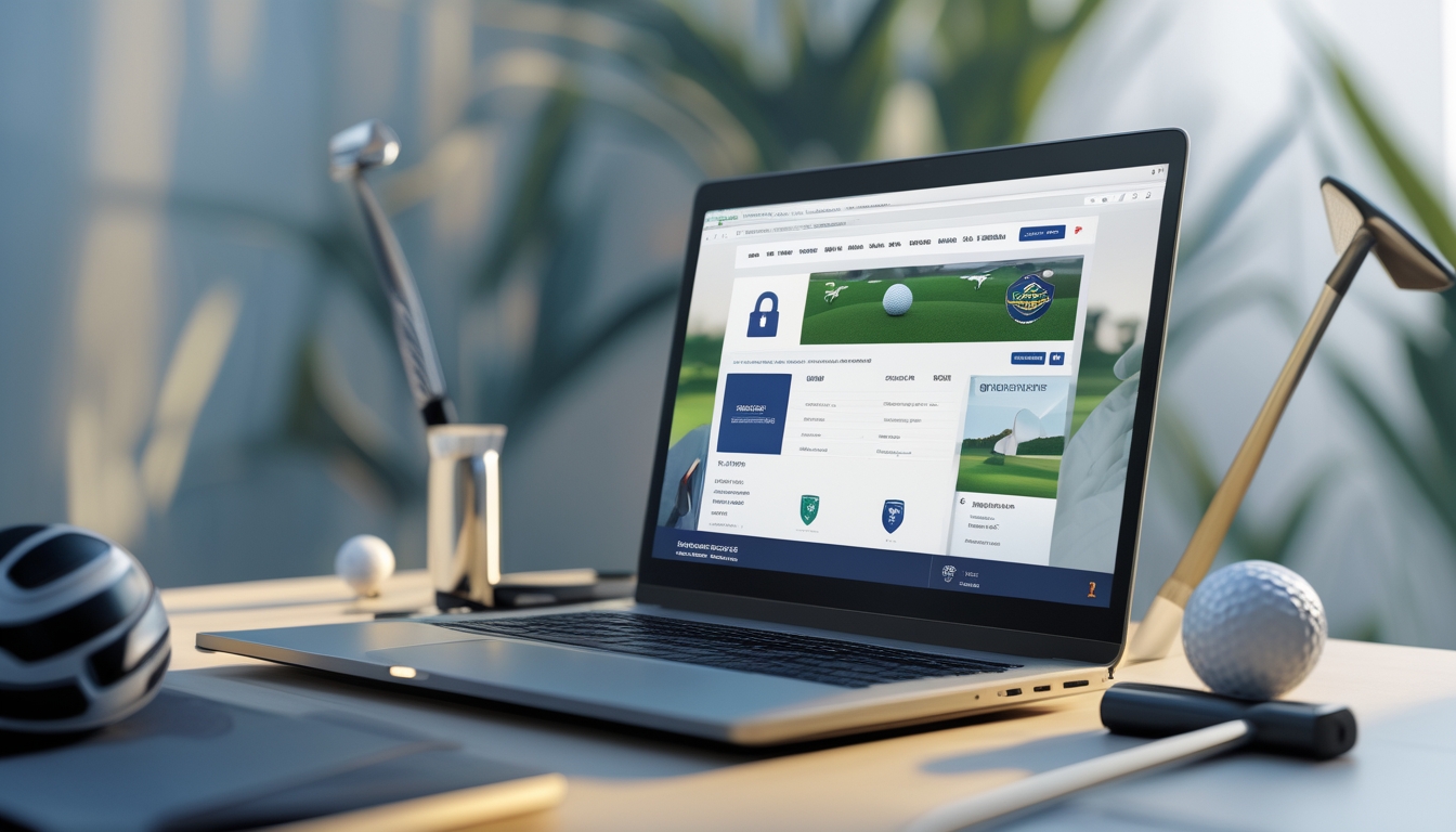 Seorang pengguna di depan laptop dengan layar menampilkan situs taruhan golf online yang aman, dikelilingi oleh perlengkapan golf di atas meja.