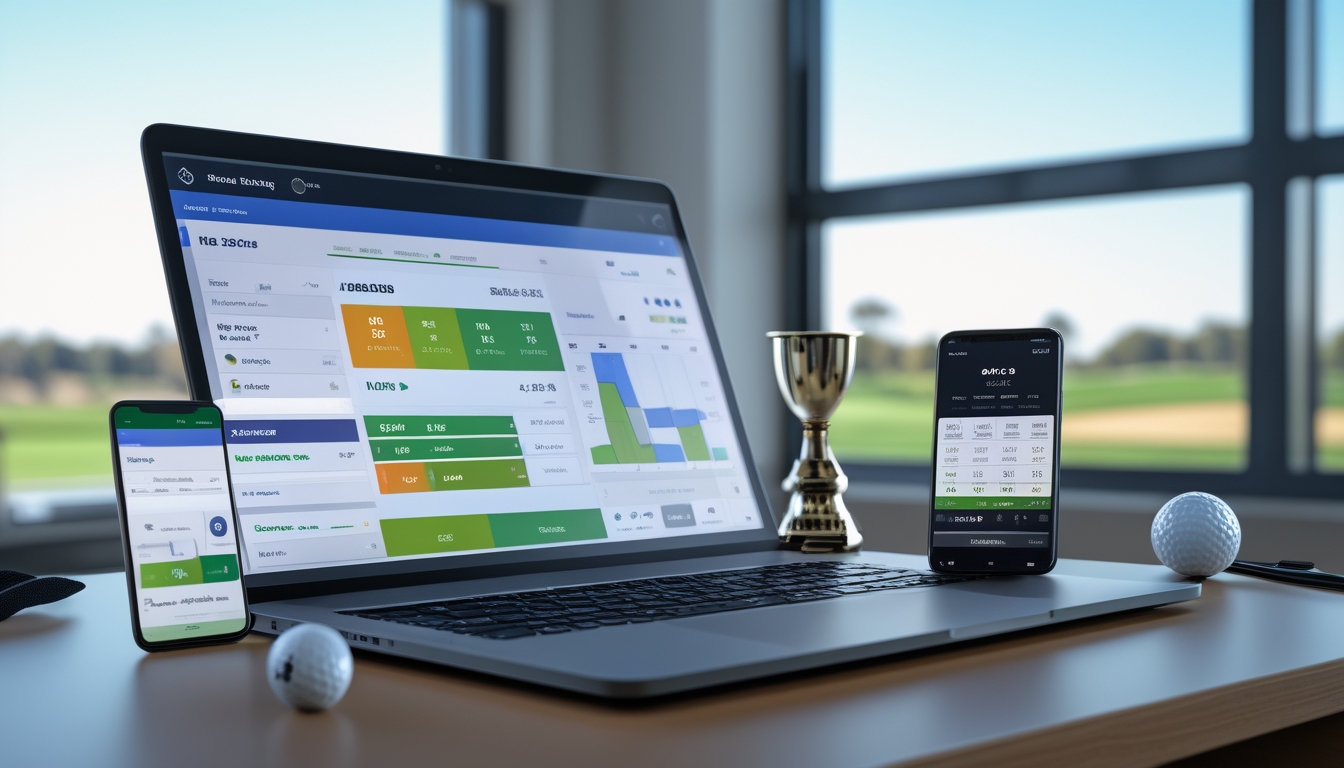 Meja kerja dengan laptop dan ponsel yang menampilkan skor dan statistik golf, serta bola golf dan trofi kecil di sampingnya, dengan pemandangan lapangan golf di luar jendela.