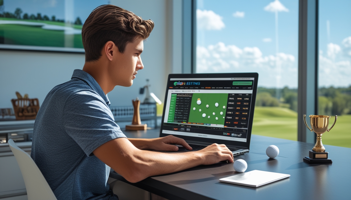 Seorang pria muda duduk di meja dengan laptop, dikelilingi oleh perlengkapan golf, melihat ke arah layar dengan latar belakang lapangan golf.