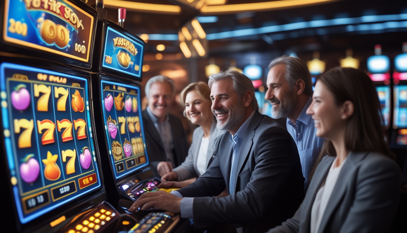 Sekelompok orang tersenyum bermain mesin slot digital di ruangan kasino modern dengan pencahayaan hangat.