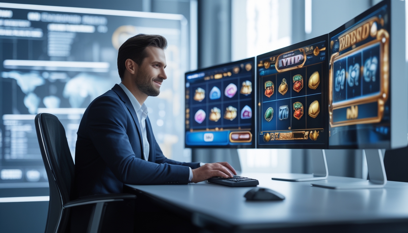 Seorang profesional duduk di depan komputer dengan tampilan permainan slot online di layar, di dalam ruang kantor modern.