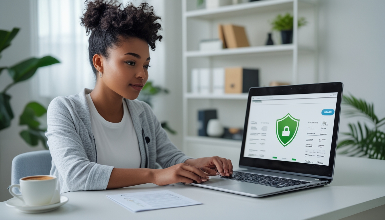 Seorang pemula yang percaya diri sedang duduk di meja modern memilih permainan slot online yang aman dan terpercaya menggunakan laptop di ruang kerja rumah yang terang dan rapi.