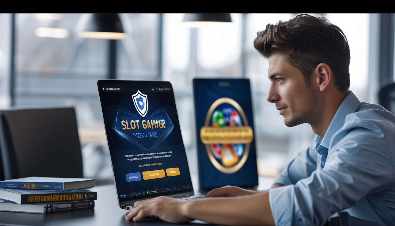 Seorang pria muda duduk di meja kantor dengan laptop yang menampilkan situs permainan slot online yang aman dan terpercaya.