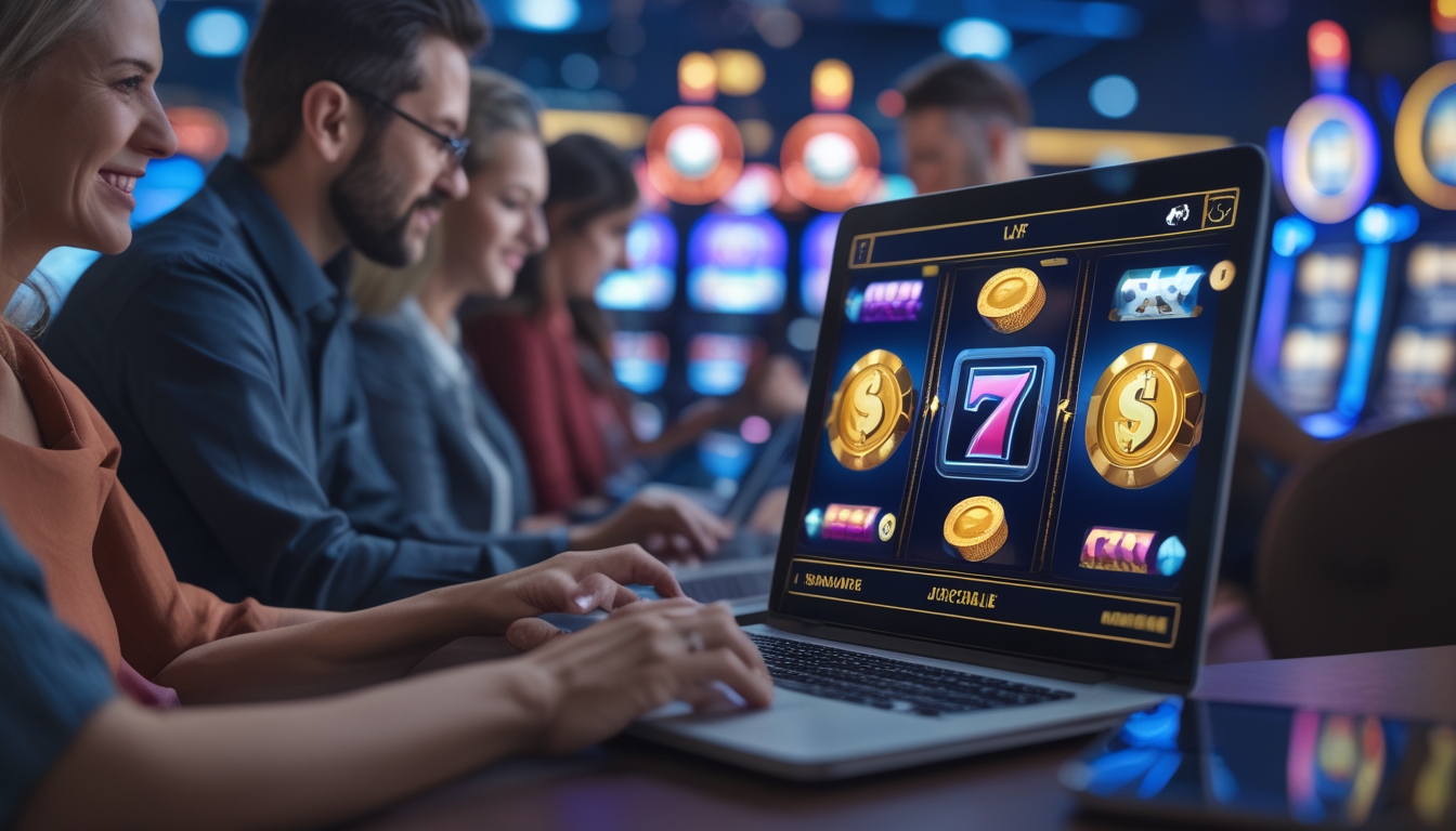 Orang-orang menggunakan perangkat digital dengan tampilan permainan slot dan simbol jackpot di layar.