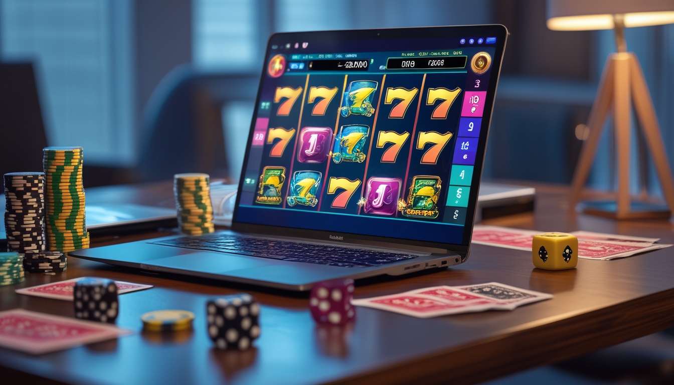 Sebuah laptop dengan layar menampilkan permainan slot online, dikelilingi oleh chip poker dan kartu remi di atas meja kayu.