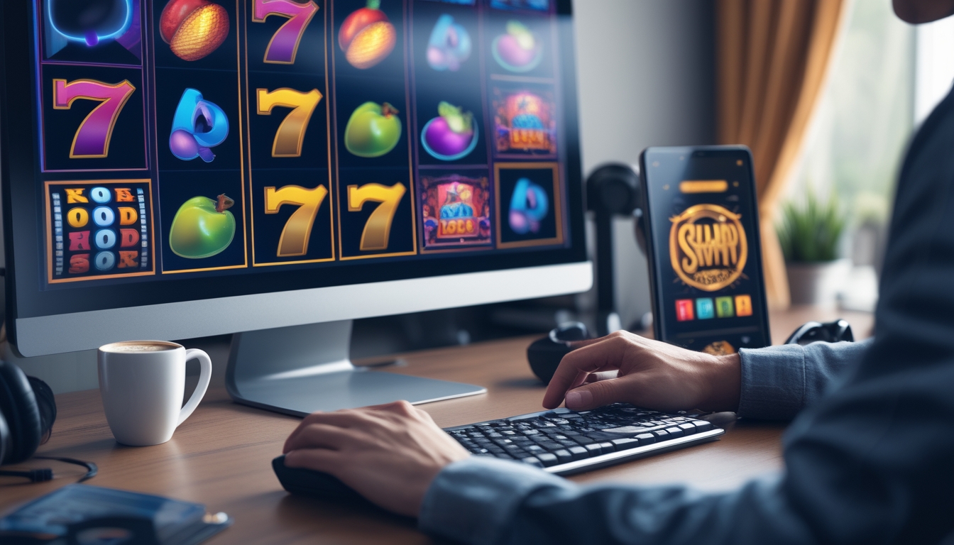 Seseorang sedang bermain permainan slot online di komputer dengan layar menampilkan grafik permainan slot berwarna-warni.