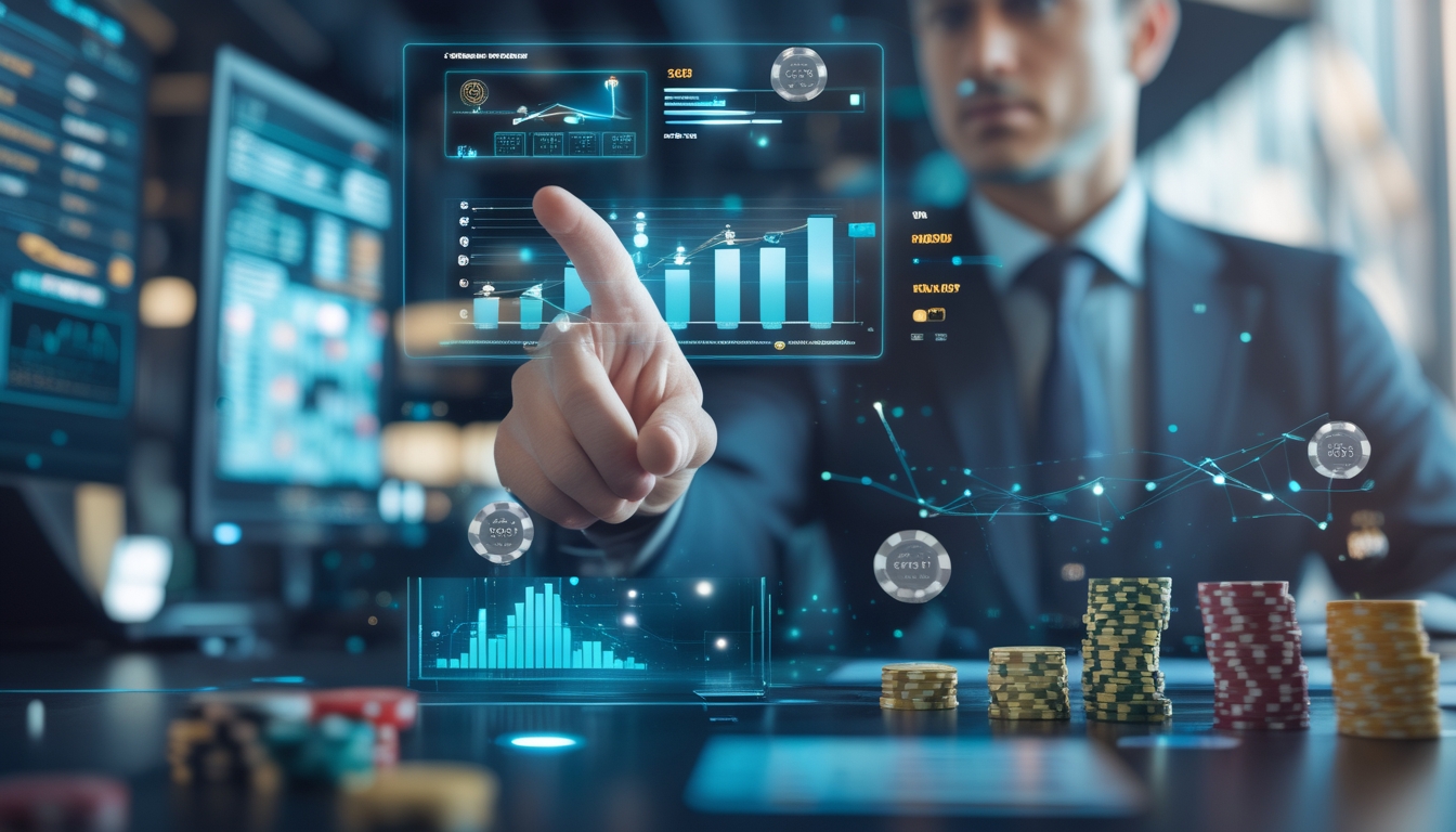 Seorang profesional sedang menganalisis data dan strategi di depan layar digital di kantor modern dengan elemen permainan slot di latar belakang.