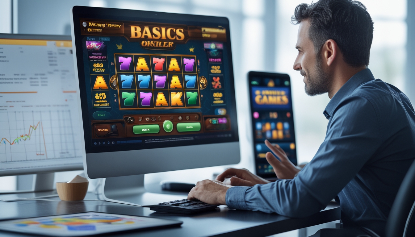Seorang pemain dewasa sedang bermain permainan slot online di komputer dengan layar warna-warni dan catatan strategi di meja.
