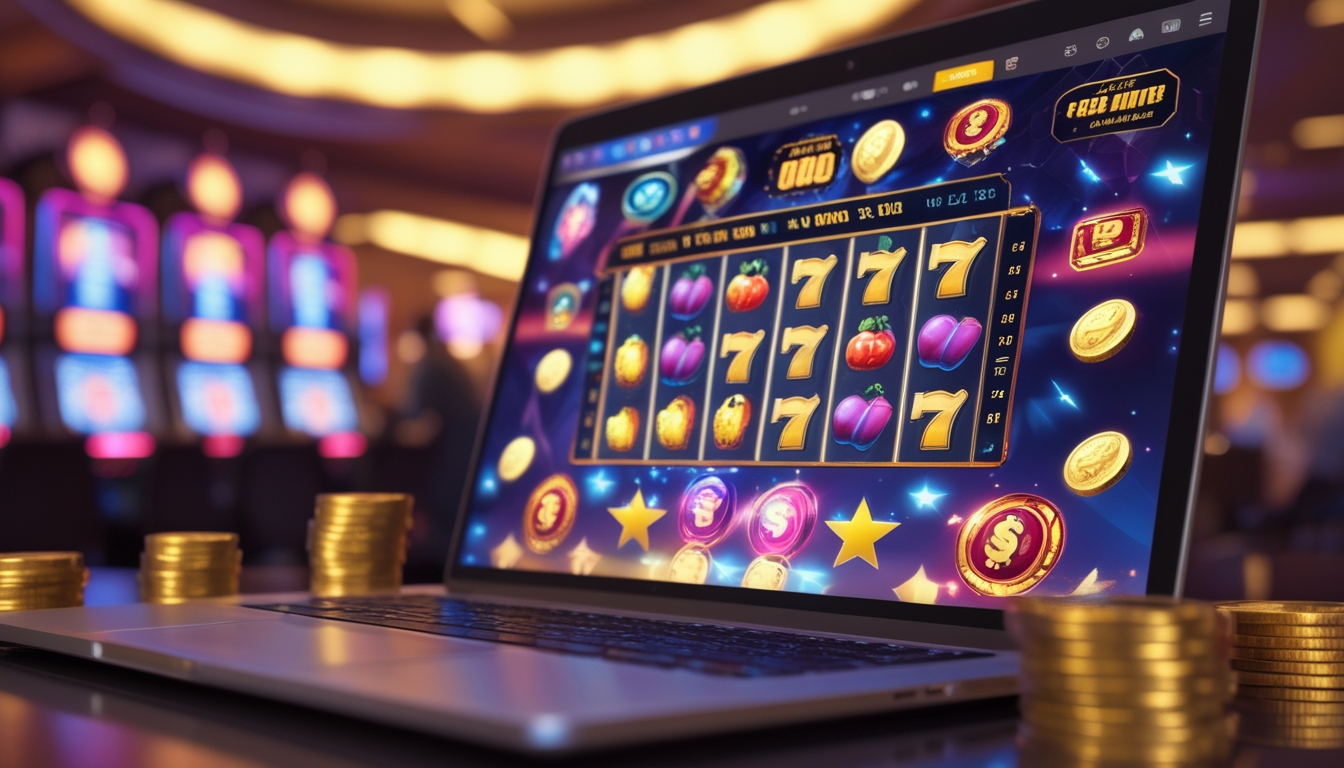 Layar komputer menampilkan permainan mesin slot online dengan simbol berwarna-warni dan koin digital di sekitarnya.