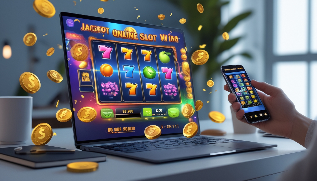 Seorang pengguna sedang bermain permainan slot online di laptop dengan layar penuh warna dan simbol mesin slot, di meja terdapat smartphone yang juga menampilkan permainan serupa.