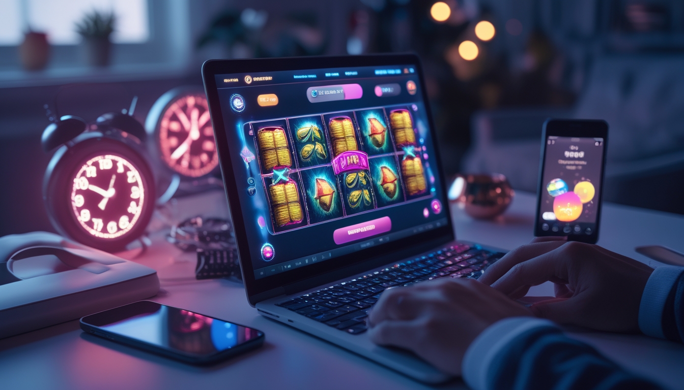 Seorang pemain menggunakan laptop untuk bermain permainan slot online di rumah dengan suasana nyaman dan jam yang menunjukkan layanan 24 jam.