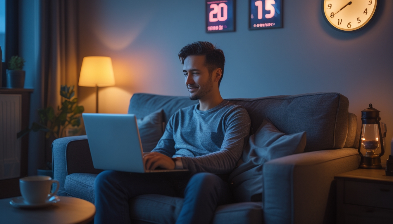 Seorang dewasa duduk santai di sofa menggunakan laptop untuk bermain permainan slot online di rumah pada malam hari.
