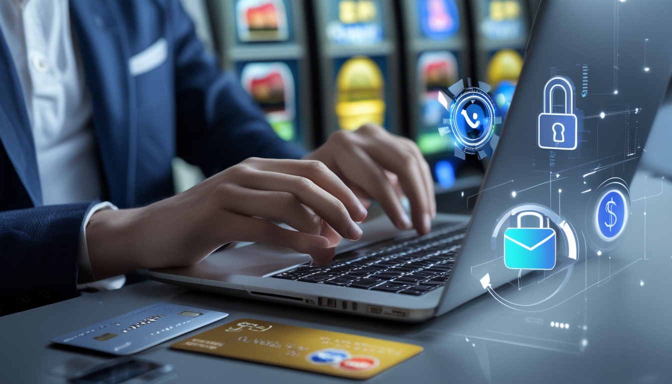 Seseorang menggunakan laptop di meja kerja dengan ikon perbankan digital dan simbol mesin slot di latar belakang.