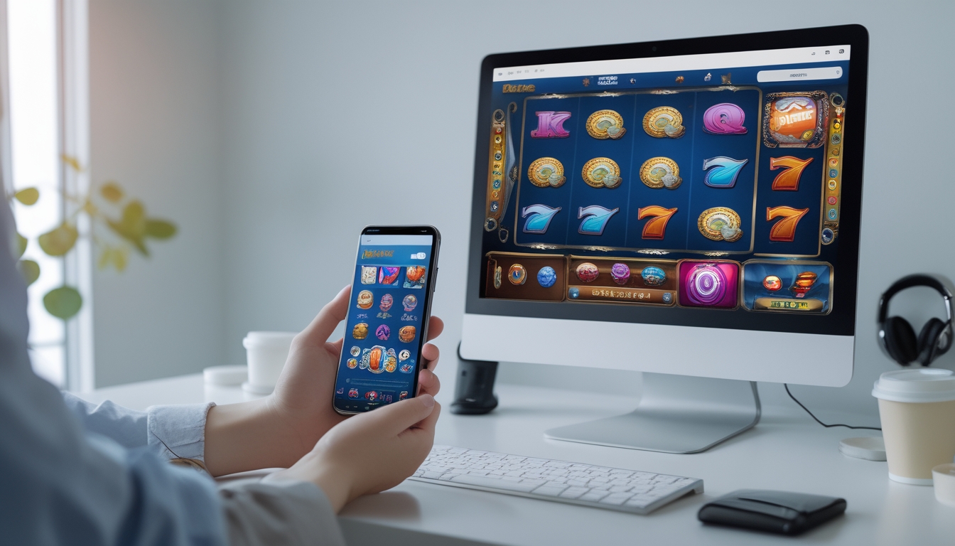 Meja kerja modern dengan ponsel dan komputer desktop yang menampilkan permainan slot yang sama, menunjukkan dukungan untuk perangkat mobile dan desktop.