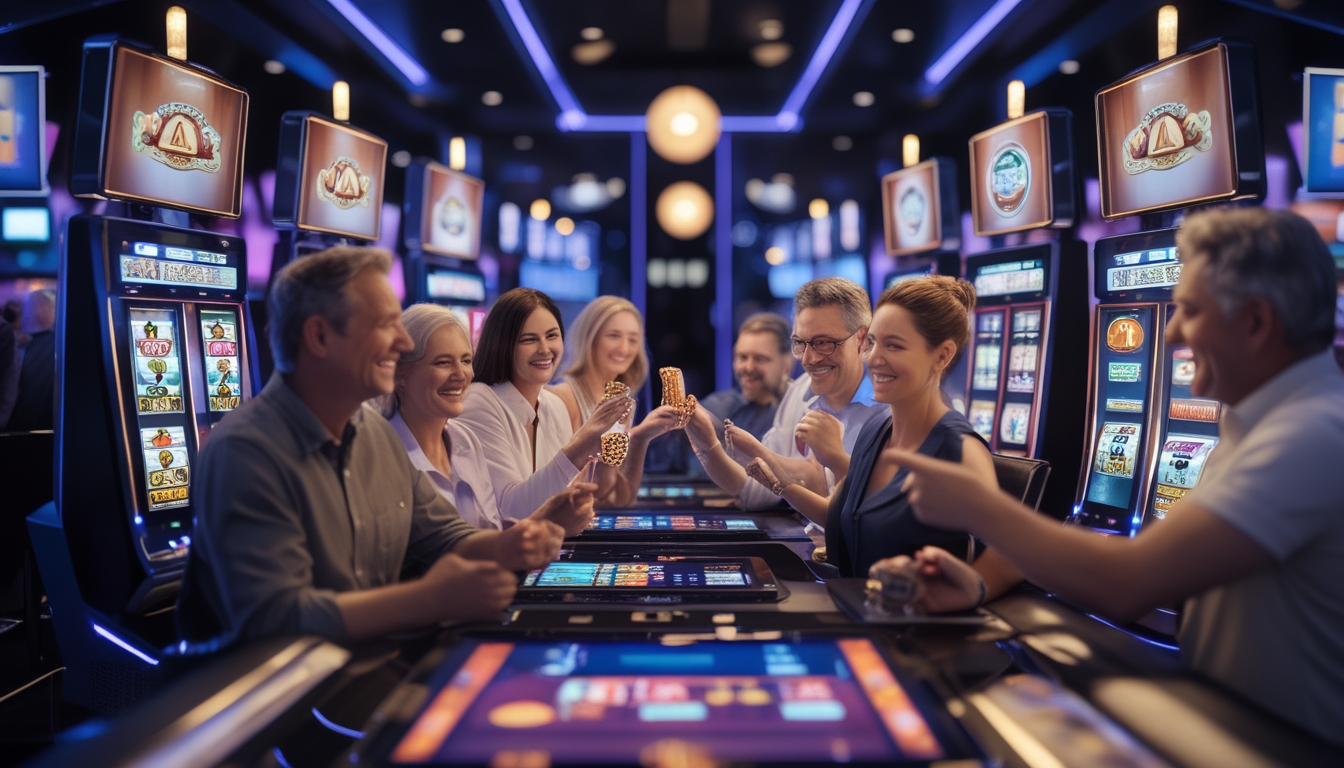 Sekelompok orang yang sedang bermain mesin slot digital di sebuah ruangan kasino modern dengan suasana yang ceria dan percaya diri.