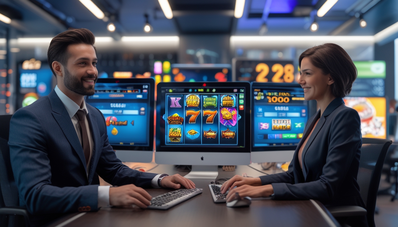 Seorang pria dan wanita duduk di depan komputer dengan layar menampilkan permainan slot berwarna-warni di ruang kantor modern.
