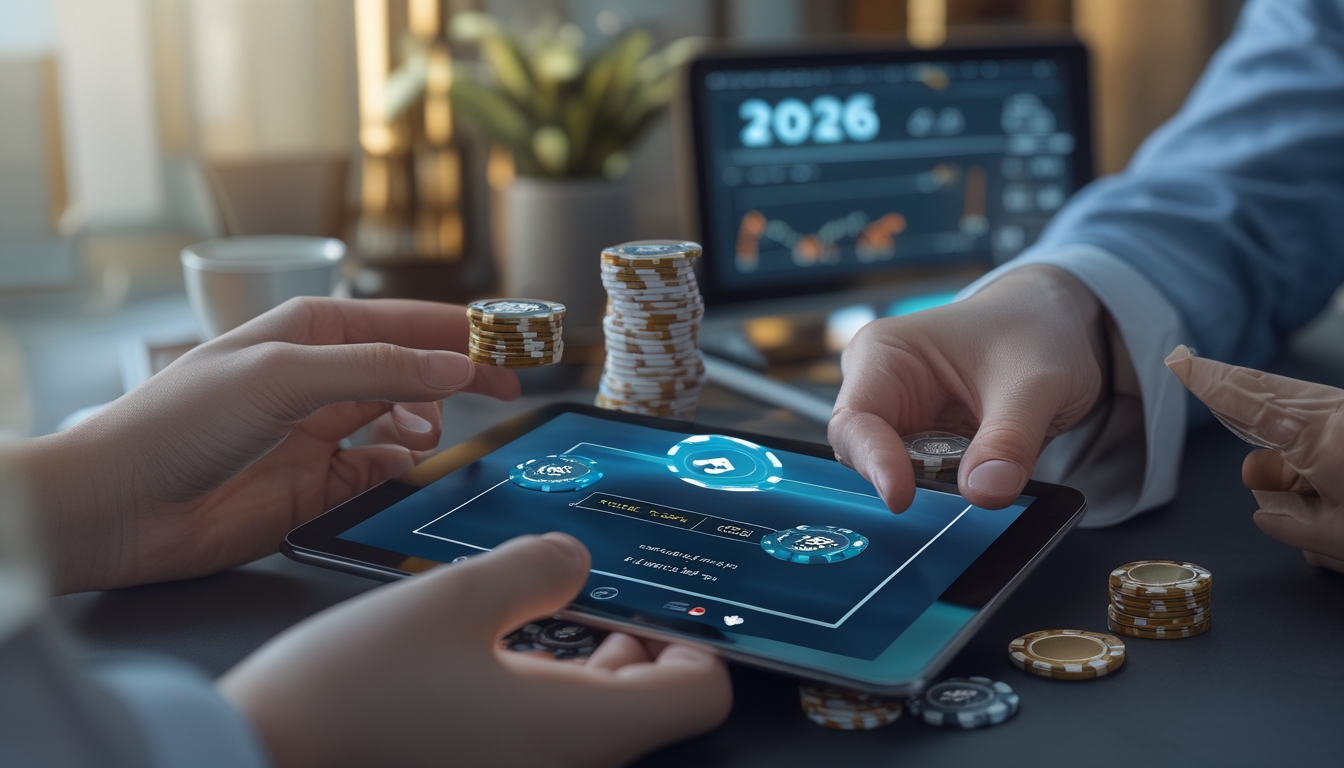 Tangan seseorang memegang chip poker dan kartu di atas tablet digital dengan latar belakang suasana permainan poker online yang profesional dan terpercaya.