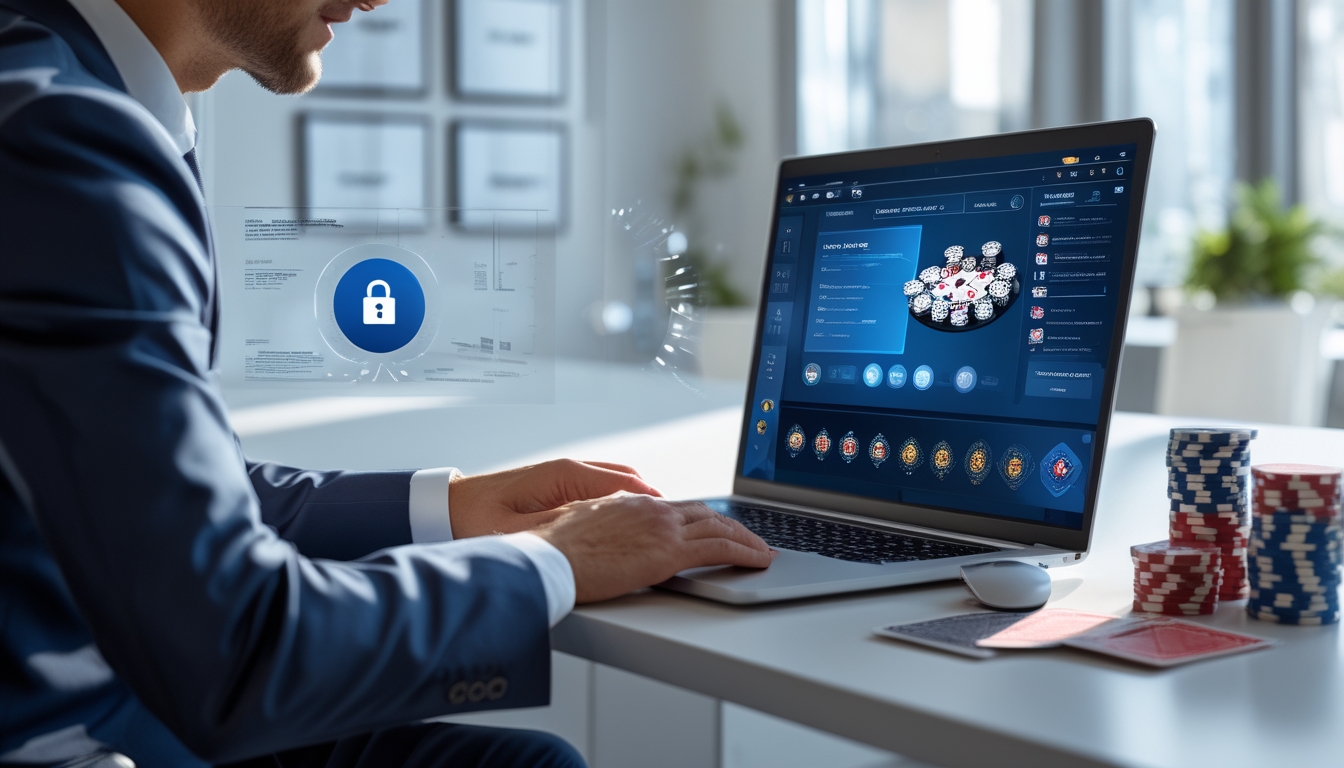 Seorang profesional duduk di meja dengan laptop yang menampilkan permainan poker online, dikelilingi oleh chip poker dan kartu remi, di sebuah kantor modern.