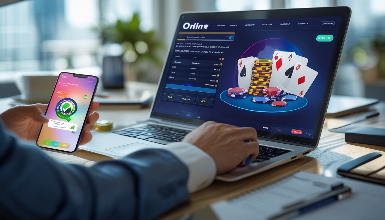 Seorang pengguna duduk di depan laptop dan smartphone yang menampilkan permainan poker online dan konfirmasi pembayaran cepat di meja kerja yang rapi.