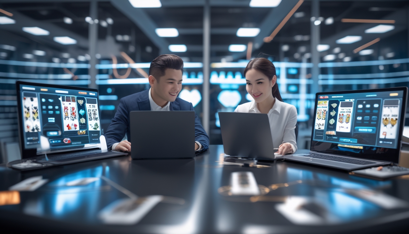 Seorang pria dan wanita duduk di meja kantor modern menggunakan laptop yang menampilkan permainan poker online dengan chip dan kartu digital.
