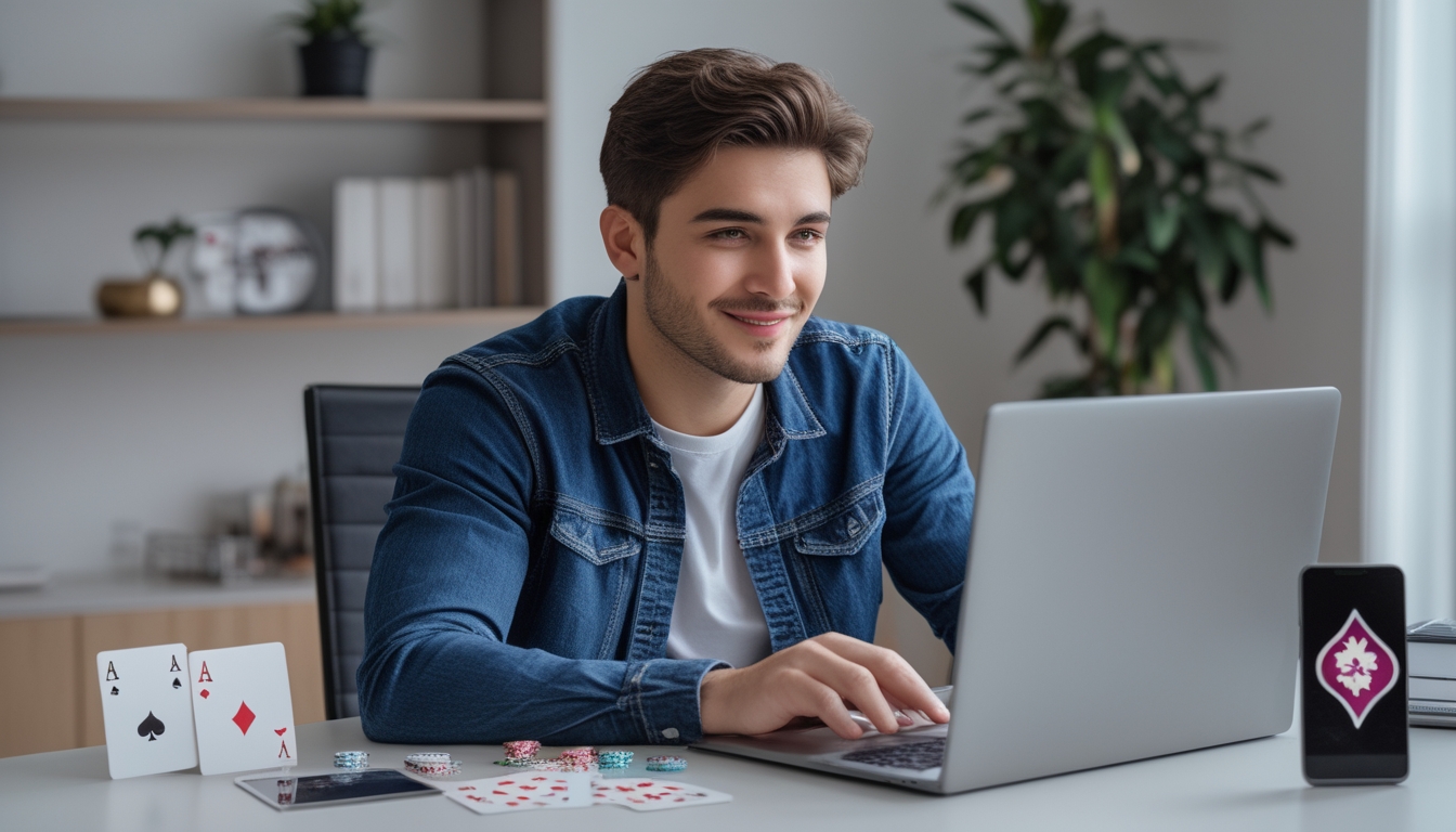 Seorang dewasa muda duduk di meja dengan laptop, sedang mendaftar agen poker online dengan suasana ruangan yang rapi dan terang.