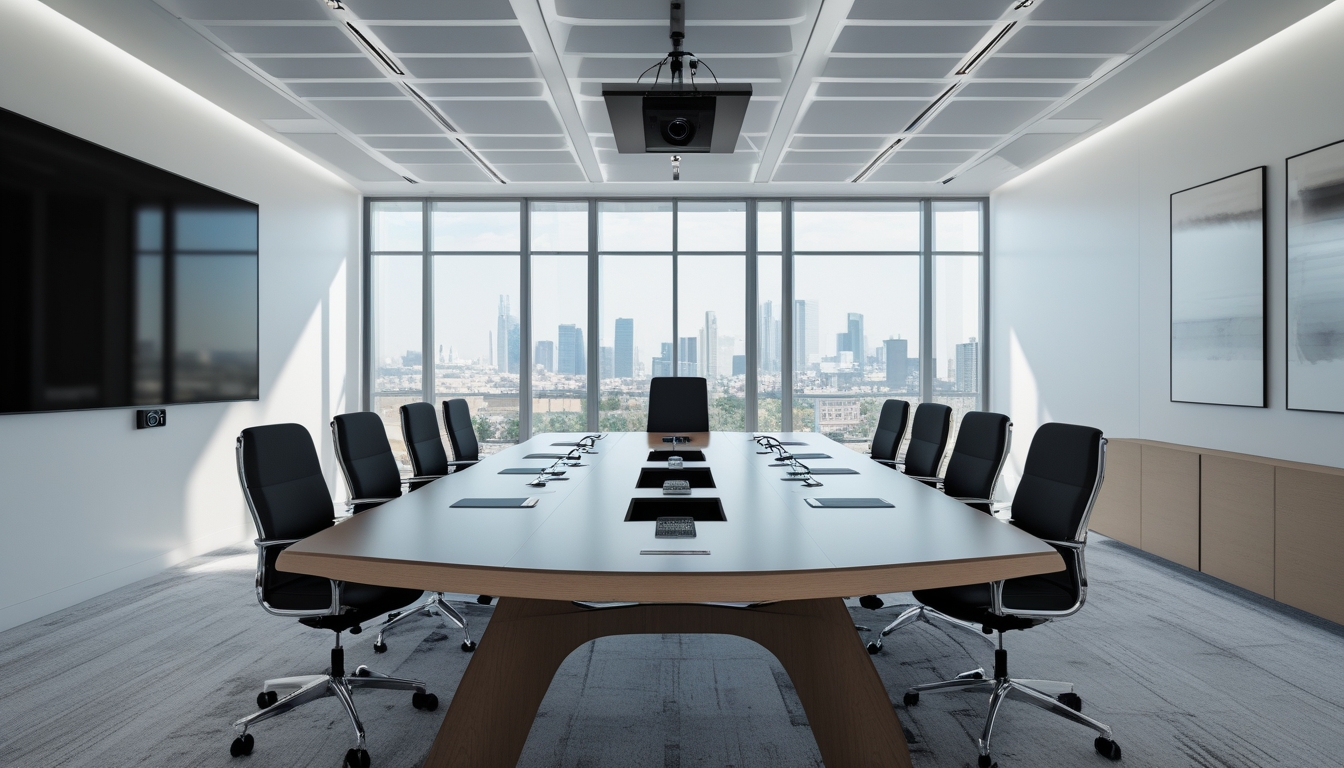 Ruang rapat kantor modern dengan meja konferensi besar, kursi ergonomis, jendela besar dengan pemandangan kota, dan layar digital di dinding.