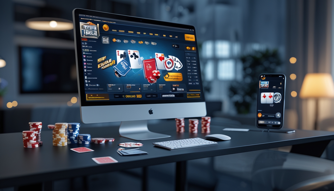 Sebuah meja kerja modern dengan komputer menampilkan permainan poker online, kartu remi dan chip poker tertata rapi, suasana nyaman dan terang.