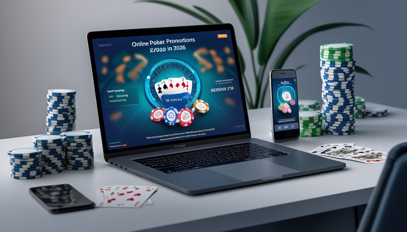 Seorang pemain poker online menggunakan komputer dengan tumpukan chip poker dan kartu bermain di meja.