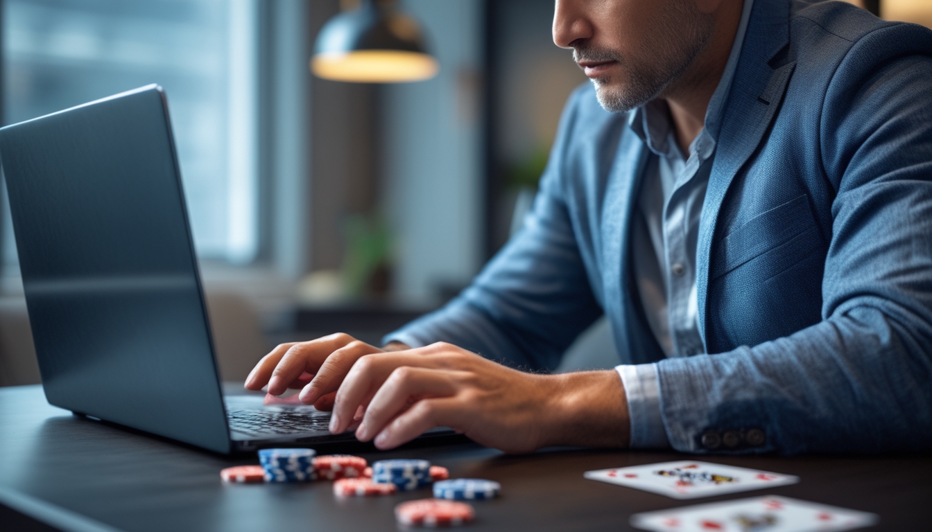Seorang pria dewasa sedang fokus bermain poker online di depan laptop dengan chip dan kartu poker di meja.