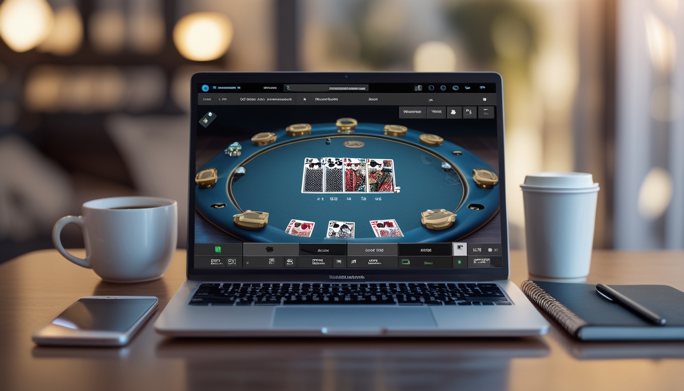 Seorang pemain poker online sedang bermain di laptop dengan chip poker dan kartu virtual di layar, di meja terdapat kopi, ponsel, dan buku catatan.