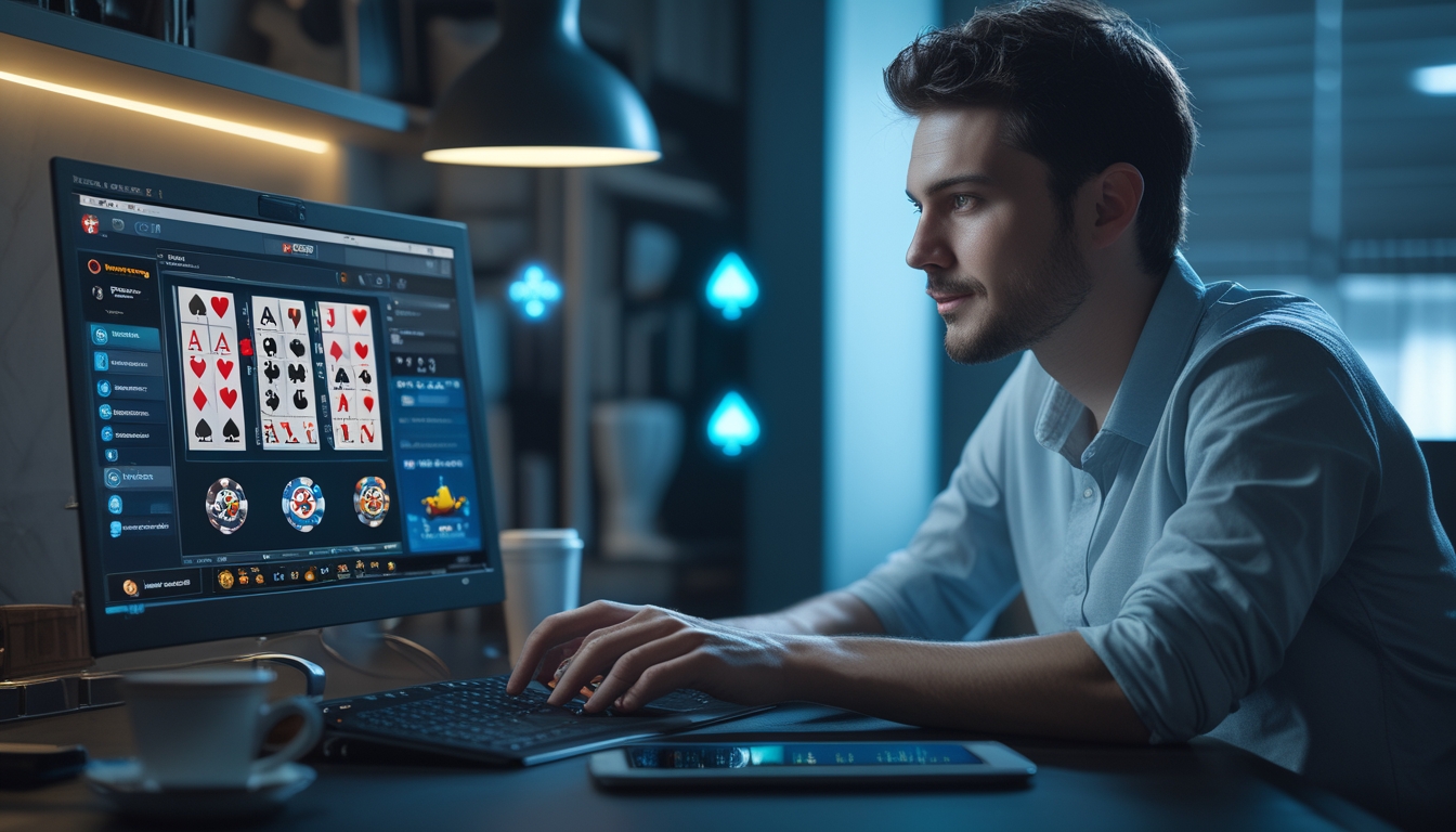 Seorang pria duduk di depan laptop dengan tampilan permainan poker online dan tumpukan chip poker di meja, menunjukkan suasana bermain poker uang asli secara online.