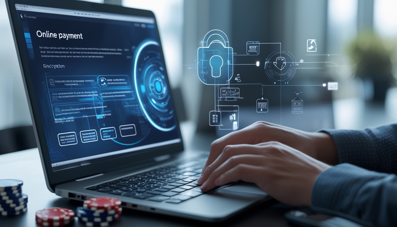 Seseorang menggunakan laptop dengan tampilan pembayaran online yang aman, di meja terdapat chip poker dan kartu bermain.