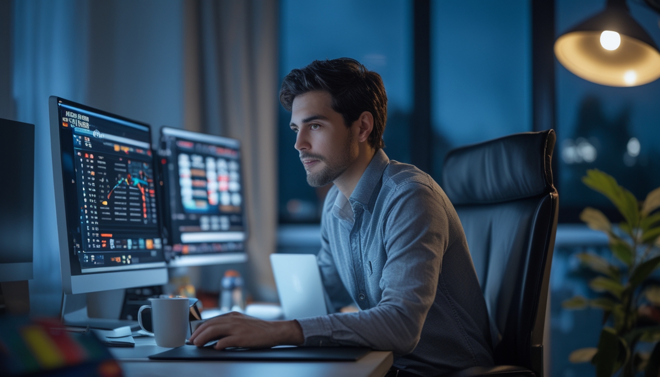 Seorang agen poker online bekerja di kantor rumah dengan beberapa layar komputer menampilkan permainan poker dan grafik keuangan di malam hari.