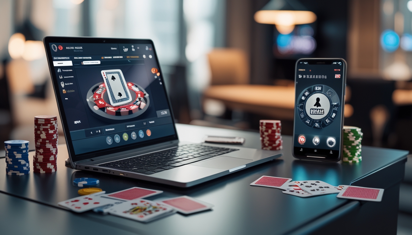 Seorang pemain poker online menggunakan laptop dengan kartu dan chip poker di meja, menunjukkan suasana permainan poker uang asli.