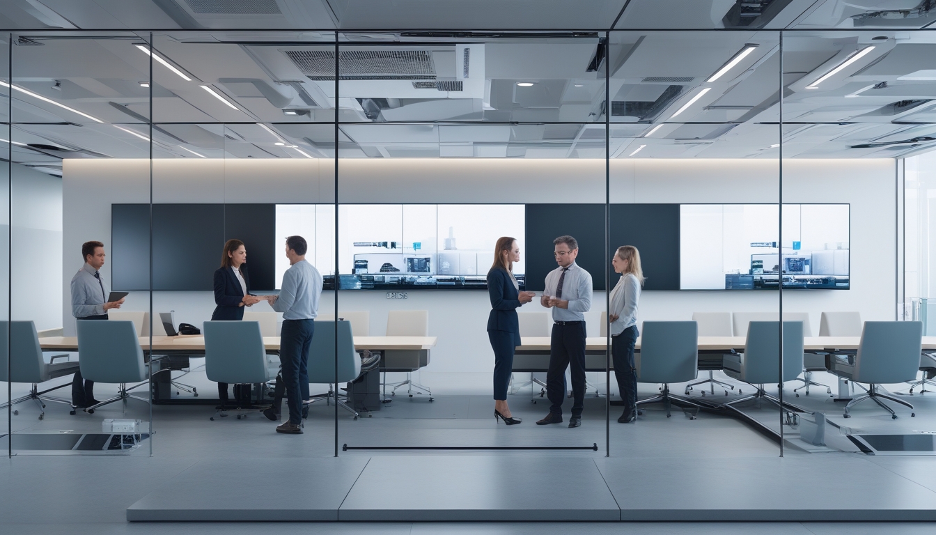 Beberapa profesional sedang bekerja sama di ruang konferensi kantor modern dengan peralatan audiovisual dan teknologi informasi yang terpasang rapi.