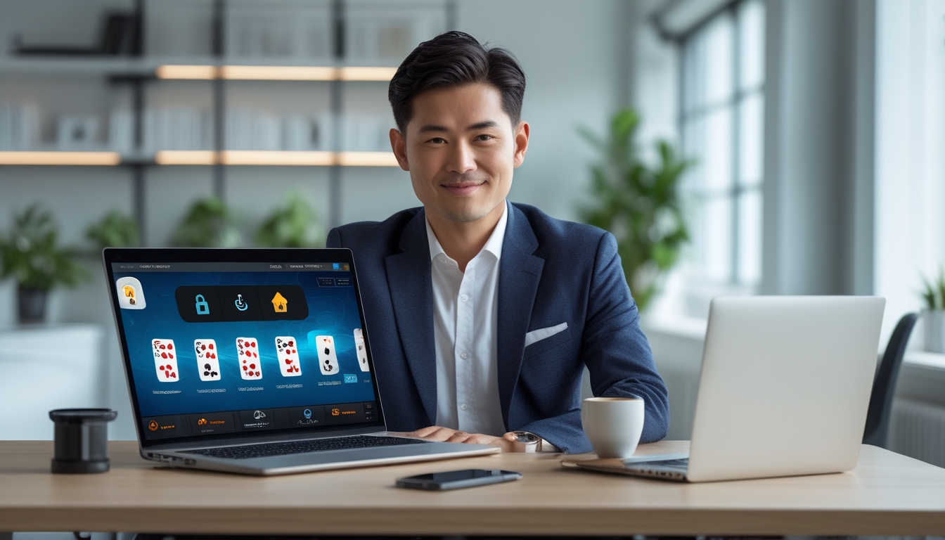 Seorang pria Asia Tenggara duduk di meja kantor dengan laptop yang menampilkan permainan poker online, terlihat fokus dan percaya diri.