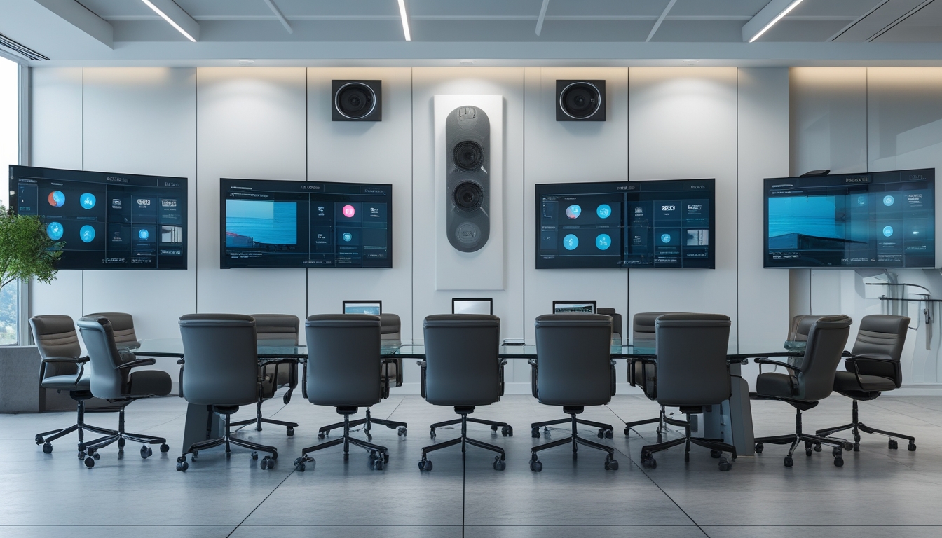 Ruang meeting kantor modern dengan meja kaca besar, kursi ergonomis, beberapa monitor layar datar, dan pencahayaan alami dari jendela besar.