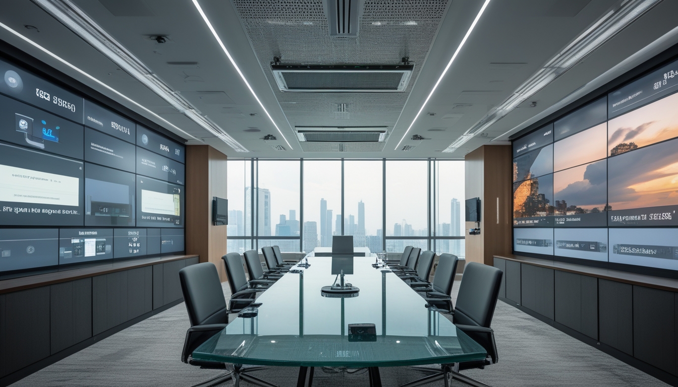 Ruang rapat modern di gedung perkantoran dengan meja kaca besar, kursi kantor ergonomis, layar besar di dinding, dan peralatan teknologi canggih.