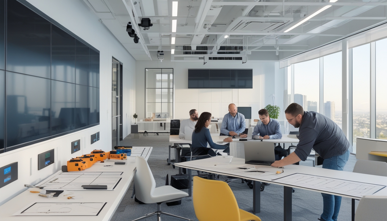Tim profesional sedang mengerjakan renovasi kantor dengan sistem teknologi audiovisual modern, memperlihatkan peralatan AV dan suasana kerja yang terorganisir.