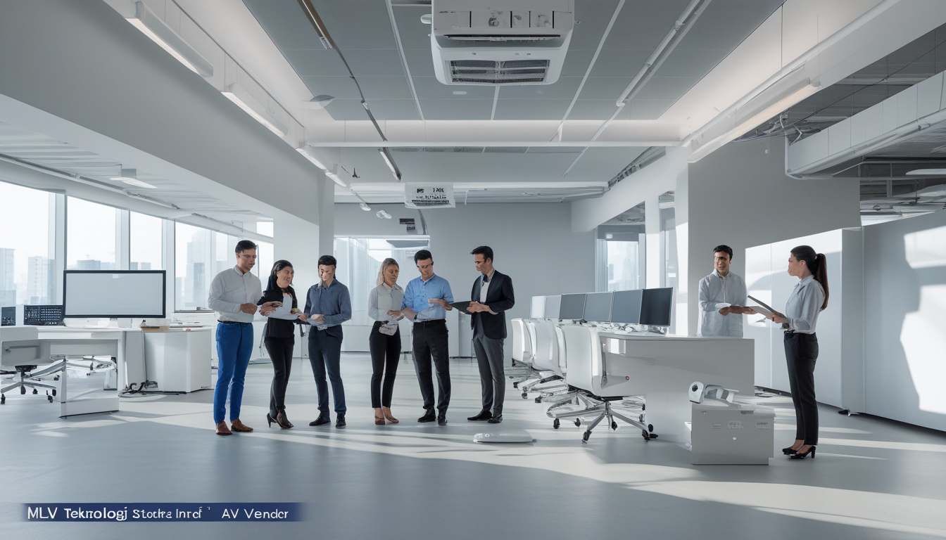 Tim profesional sedang bekerja sama dalam ruang kantor modern dengan peralatan audiovisual canggih yang sedang dipasang.