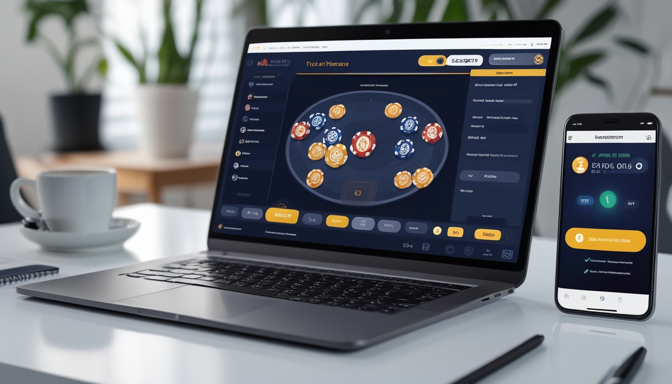 Seseorang menggunakan laptop dan smartphone untuk melakukan transaksi deposit dan withdraw di agen poker online uang asli di sebuah meja kerja yang rapi.