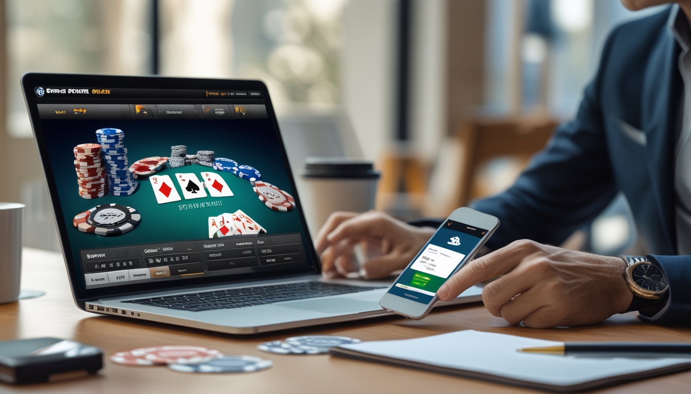 Seorang dewasa menggunakan laptop dan ponsel di meja kerja dengan kartu poker dan chip di sampingnya.