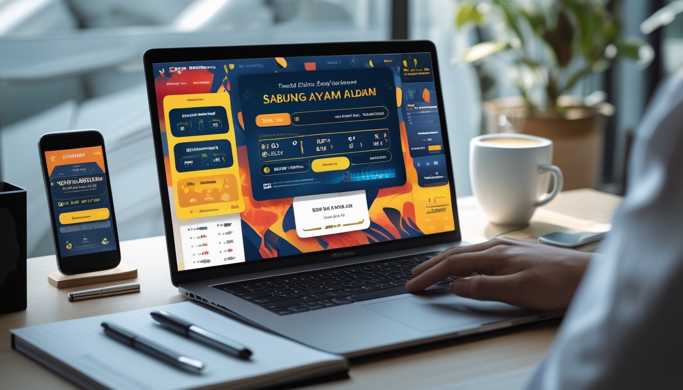Meja kerja dengan laptop yang menampilkan platform agen sabung ayam online, smartphone dengan pembaruan taruhan, dan alat tulis di sekitarnya.