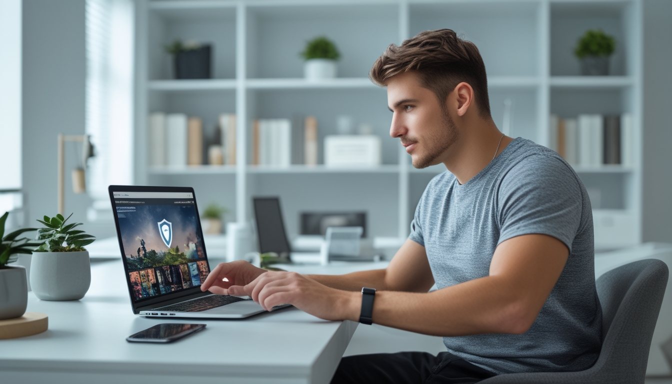 Seorang pria muda duduk di meja dengan laptop di ruang kerja rumah yang rapi dan terang, terlihat fokus pada layar komputer.