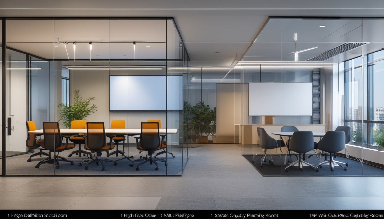 Interior kantor modern dengan ruang rapat besar dan ruang huddle kecil yang rapi dan terang.