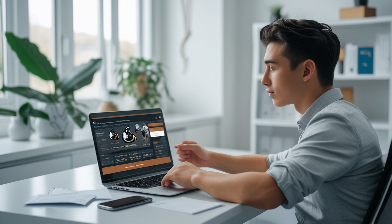 Seorang pemuda duduk di meja kerja dengan laptop terbuka, terlihat fokus memilih agen sabung ayam online yang tepercaya di ruang kerja yang terang dan rapi.